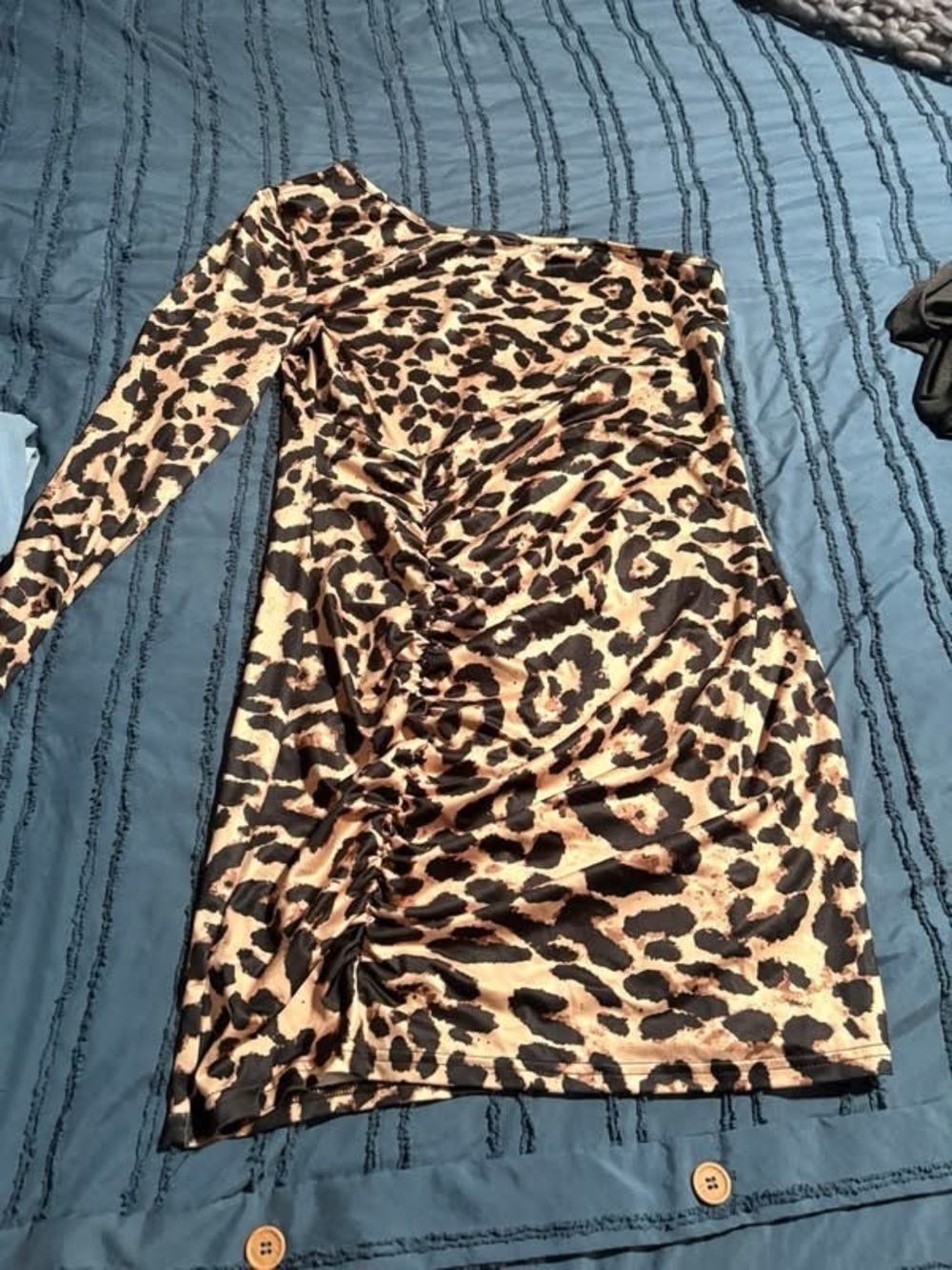 One-Shoulder Leopard Ruched Bodycon Dress - Beige/Black